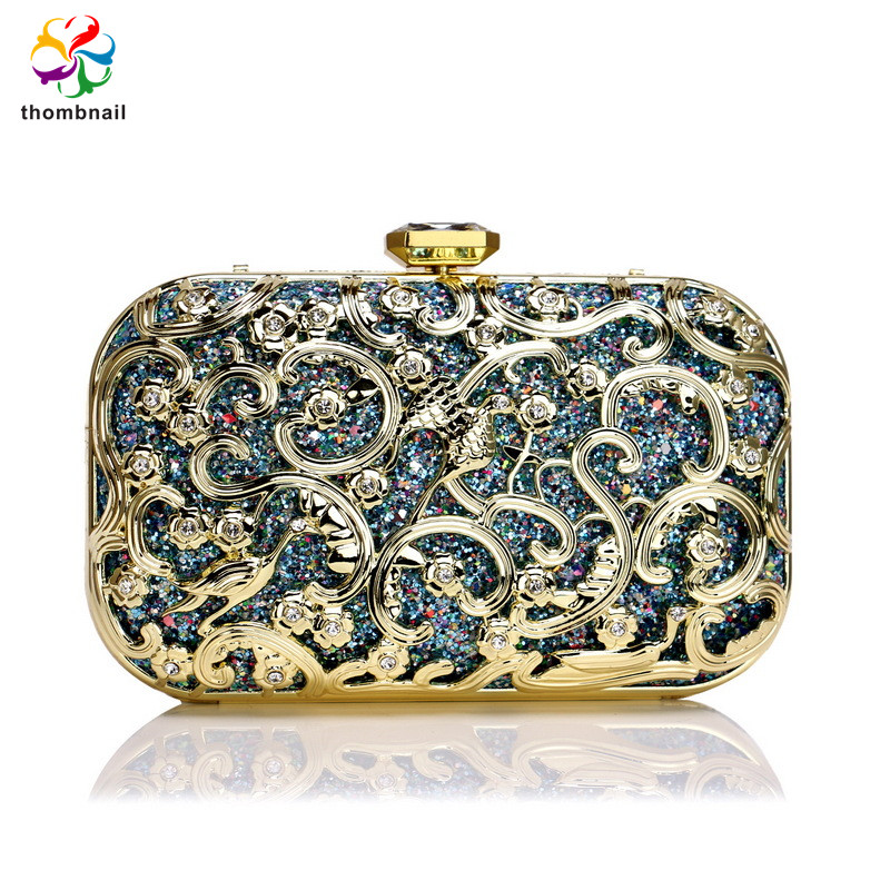 Marco de Metal para Mujer Oro raso nupcial pequeñas Hardcase Noche Cartera Bolso de embrague