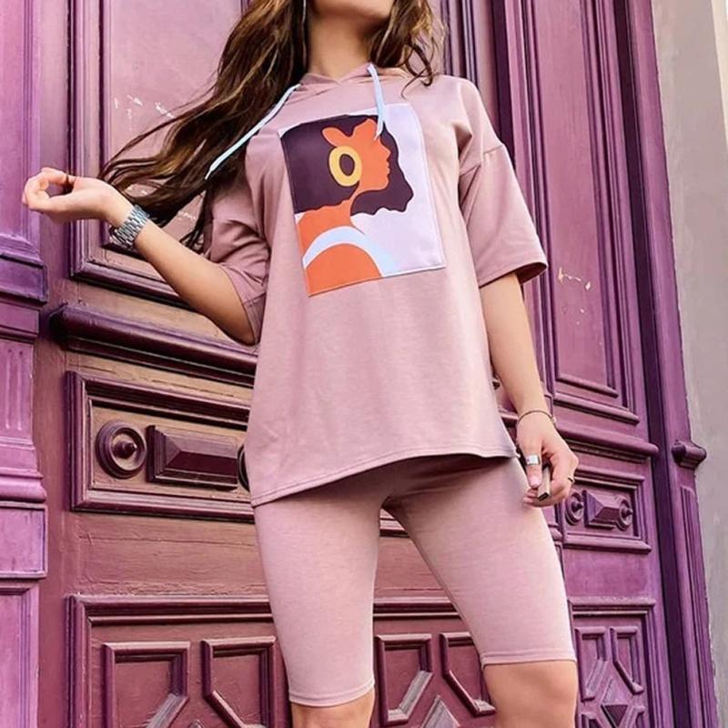 

Women' Casual Tracksuit Printed Cap Neck Short Sleeve Shorts Elastic Band Hooded Sweatshirt And Pants Sportwear Suit Ropa De, Black