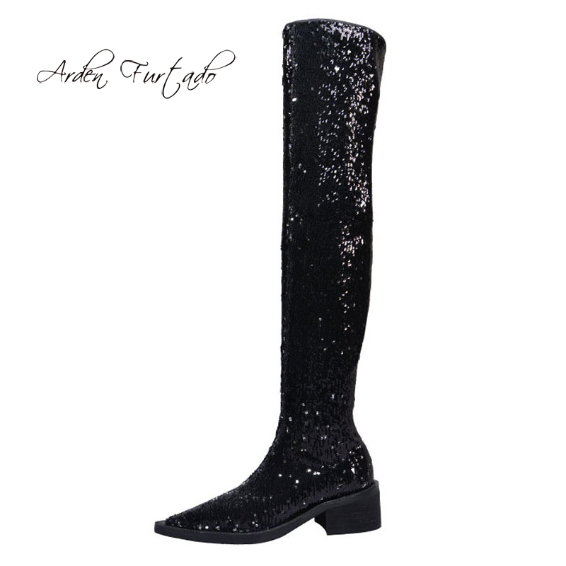 

Arden Furtado Fashion Women's Shoes Winter Pointed Toe Chunky Heels Zipper bling bling Mature glitter flat over the knee boots, Black