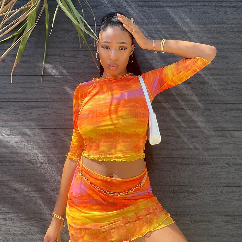 

SEASONS Double Layer Tie Dye Print Mesh Two Piece Set Women Long Sleeve Crop Tops Mini Skirt Matching Sets Streetwear ASSU81534, Orange