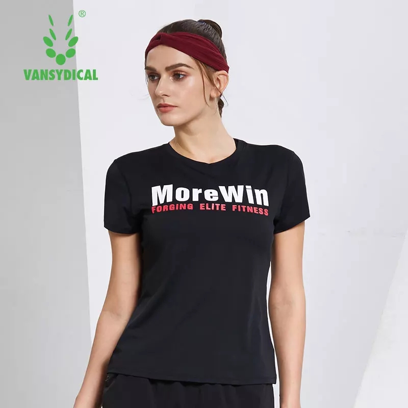 

Vansydical Sports Short Sleeve Tops Women' Gym Yoga Shirts Printed Letters Elastic Fitness Workout Running T-shirts, Fa1809701 black