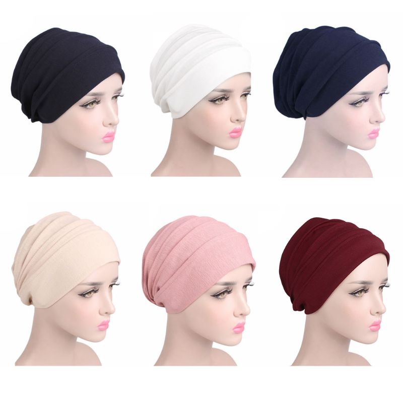 

Unisex Cotton Sleep Cap Cancer Beanie Muslim Turban Hair Loss Chemo Hat Pleated L4ME, Black