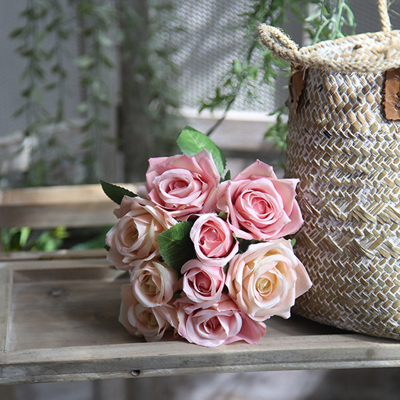 

1 Bouquet 9 Heads Silk Rose Artificial Flower For Wedding Home Decoration Rose Fake Flower Bouquet Table Decor, Beige