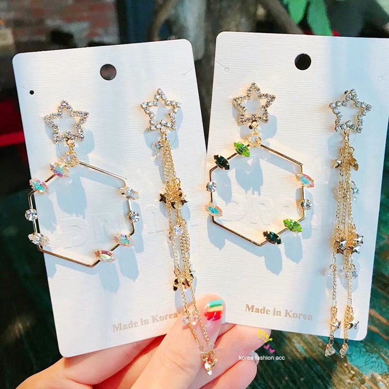 

MENGJIQIAO Korean New Exaggerated Rhombus Crystal Drop Earrings For Women Asymmetric Hollow Satr Pearl Tassel Pendientes Jewelry