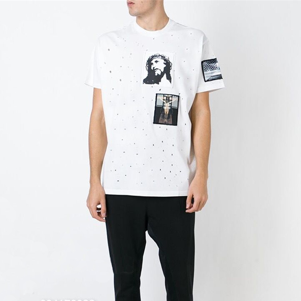 Cotton t-shirt Hole Round neck with Jesus patch Men Designer T shirts Funny T-shirts Slim Fit Unisex T-Shirt