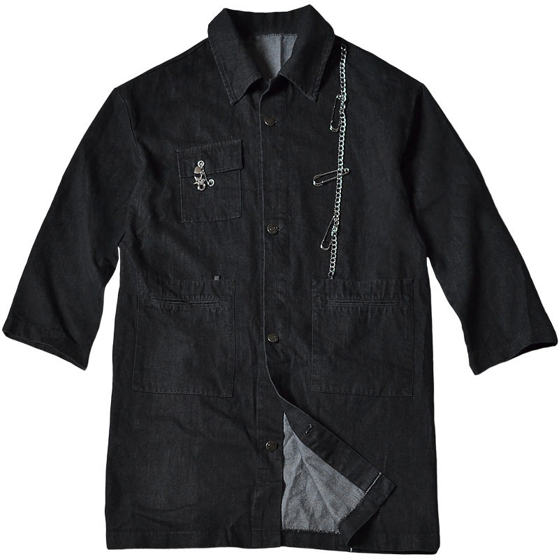 

ZhuZunZhe 2020 Mid-Length Fashion Trend Men's Black Lapel Hole Trench Coat Loose Cotton Long-Sleeved Jacket Wear Solid Color