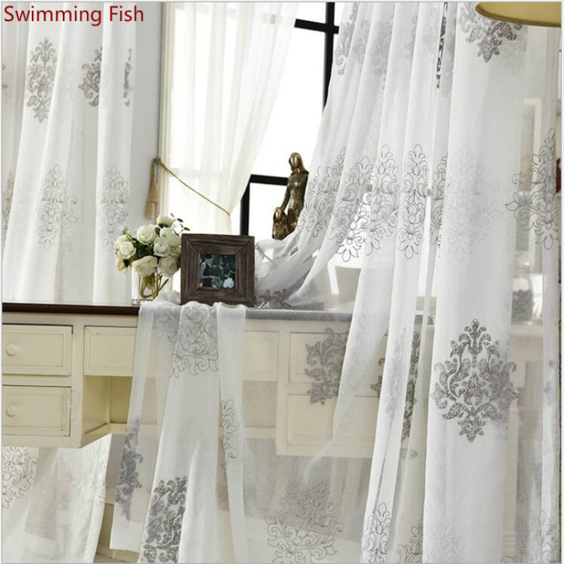 

White grey Embroidered Gauze Sheer Kitchen Voile Organza Curtains Doors For Bedroom Study Curtain Living Room Tulle Drapes 1pc, Light grey