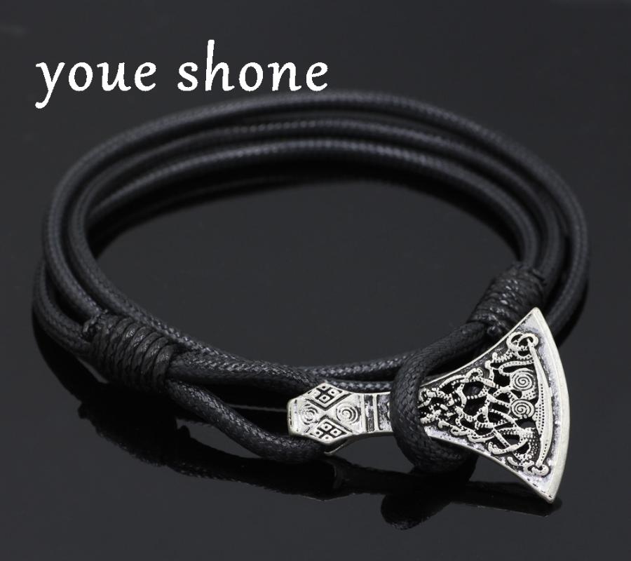 

youe shone Men Leather Amulet Pantgram Rune Norse Viking Axe Norse Jewelry Mammen style Bracelet