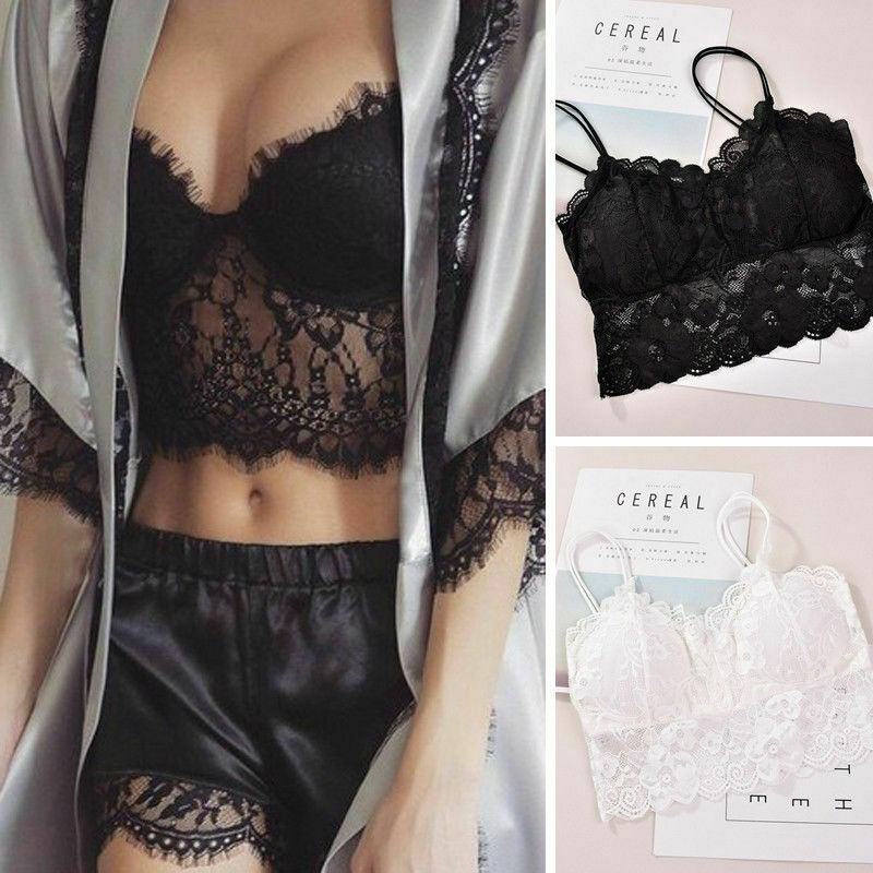 

Sexy Women's Sleeveless Eyelash Lace Lingerie See-through Padded Vest Crochet Push Up Bra Tank Tops Bralette Bra Cami Crop Top, Black
