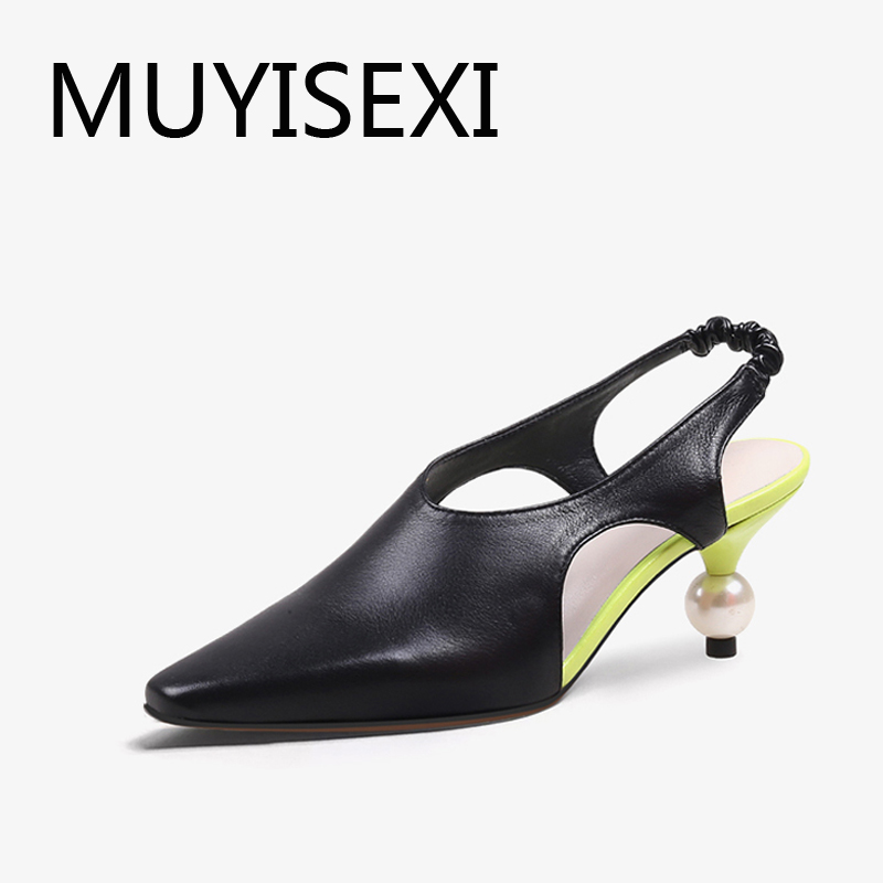 

Pumps slingbacks women 7cm pearl high heels genuine leather pointed toe shallow slip on office ladies mixed color HL246 MUYISEXI, Black