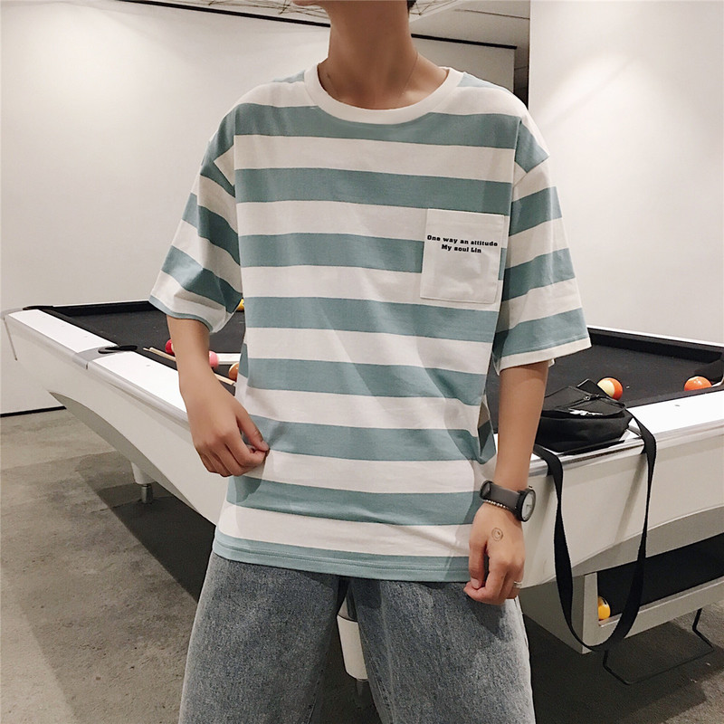 

Chao brand loose striped short-sleeved t-shirt men's wind Korean version semi-sleeved jacket summer trend ins 100 t-shirt, Black