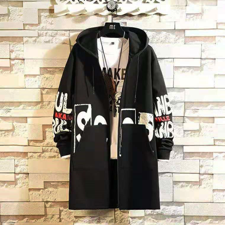 

2020 Autumn/Winter season Thickened with Cashmere Medium-length windbreaker Tide Brand Loose New Korean Printing Coat