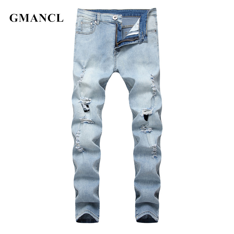 

GMANCL Skinny Biker Jeans Men's Fashion 2020 High Street Hip hop Ripped Solid Male Big holes Destroy Joggers Beggar Denim Pants, Bj01811 blue