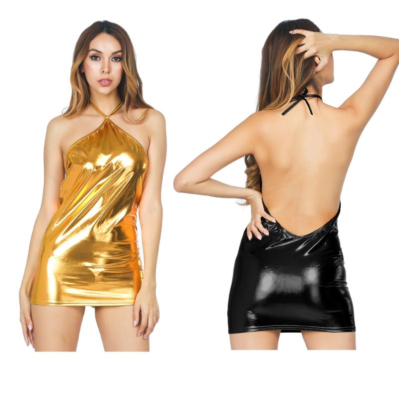 

Candy Color PU Faux Patent Leather Shiny Dress Halter Bandage Backless Sexy Clubwear Vestido Package Hip Wetlook Dress Miniskirt, Black
