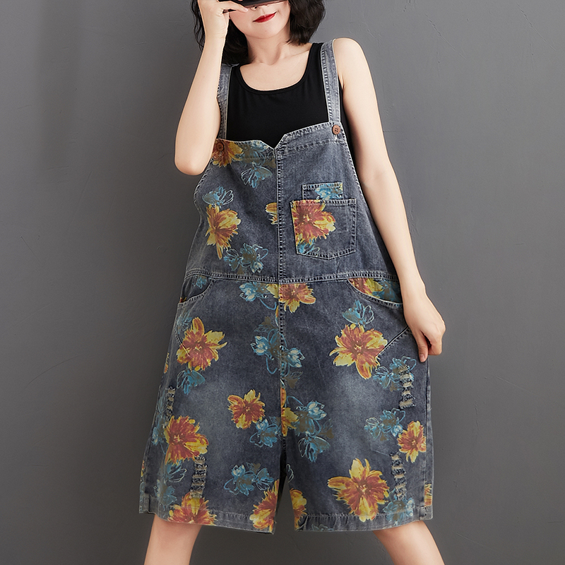 

#1520 Denim Playsuit Women Summer 2020 Vintage Women Playsuit Jumpsuit Spaghetti Loose Wide Leg Denim Overalls Floral Printed, Picture color