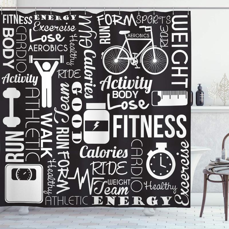 

Fitness Shower Curtain Active Life Theme Composition with Words Exercising and Various Cloth Bathroom Decor Set with Hooks 70