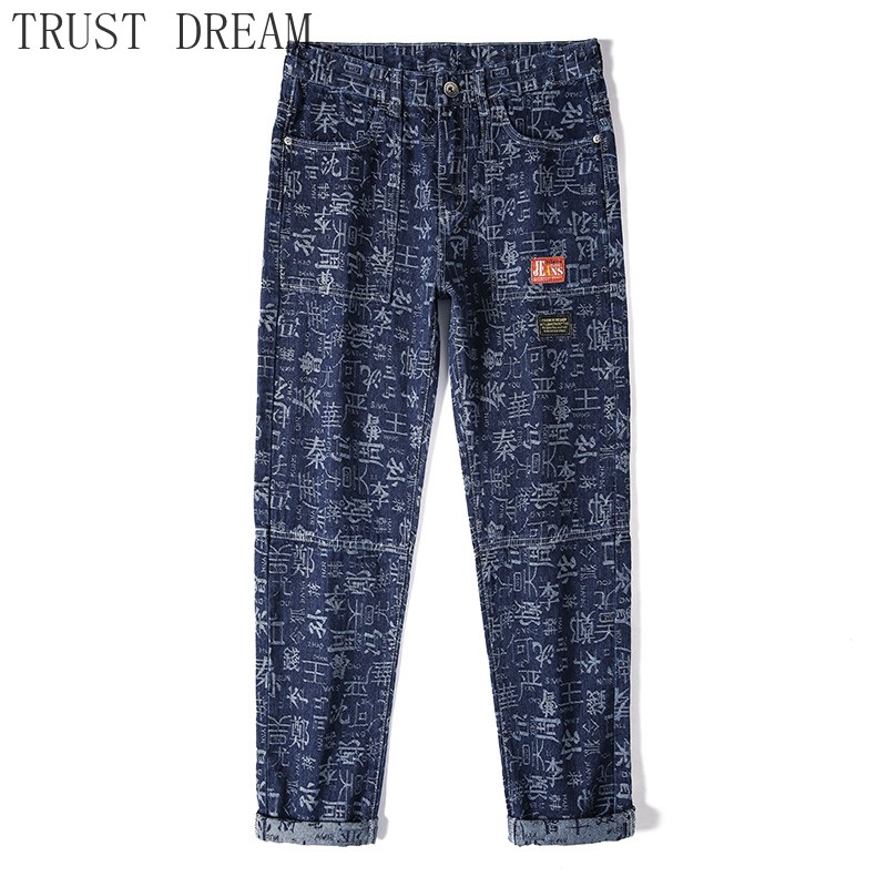 

2020 New Mens Jeans Printed Chinese Letter Slim Blue Black Male Culture Jean Streetwear High Street Hip Hop Man Quality Clothing