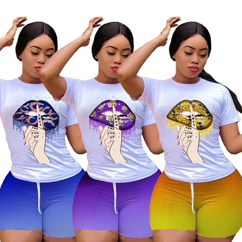 

ZKYZWX Plus Size Women Sets Tracksuit Lip Print Short Sleeve T-shirts Fashion Gradient Biker Shorts Fitness Matching Outfits, Blue