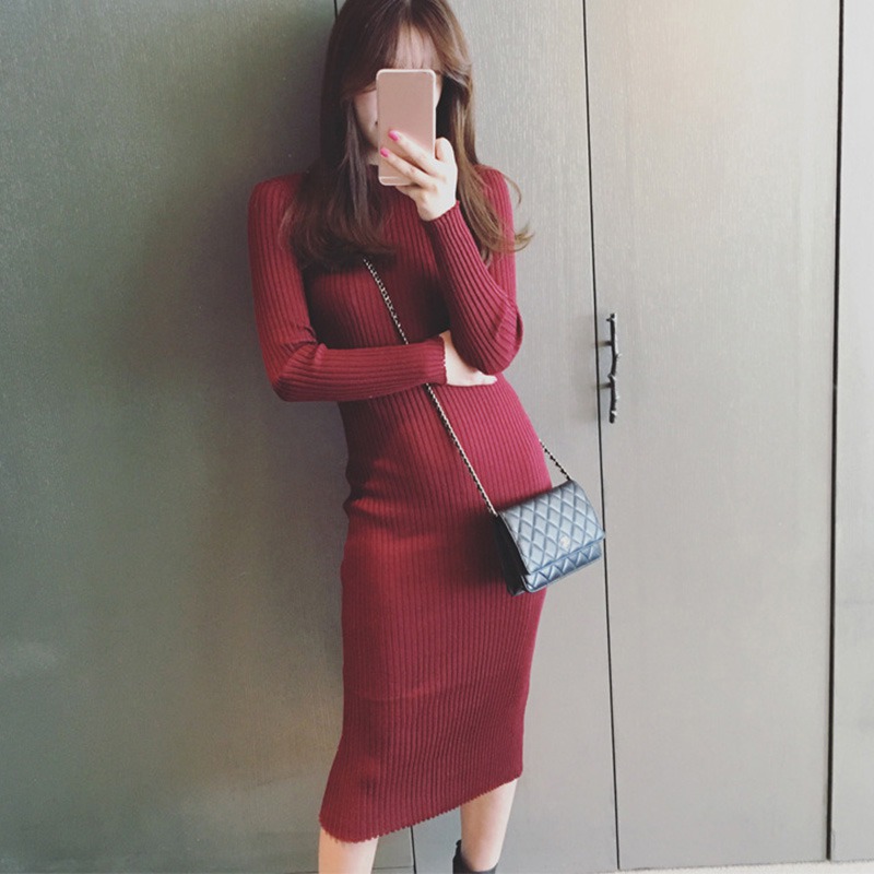 

Blackday Bodycon Dress Autumn Winter Sexy Knitted Cotton Long Sleeve Sweater Pullovers Long Dress Ladies Bottoming Vestidos Drop New, Red