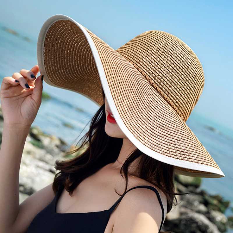 

HT3074 Large Big Wide Brim Hat Women Solid Summer Sun Hat Ladies Packable Floppy Straw Women Beach Cap Female Dome Beach, Black