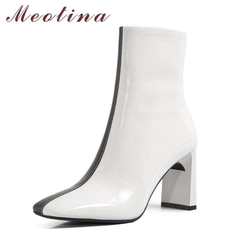 

Meotina Women Ankle Boots Shoes Genuine Leather High Heel Short Boots Square Toe Chunky Heels Zip Ladies Autumn Winter 40, As picture 1 synthe