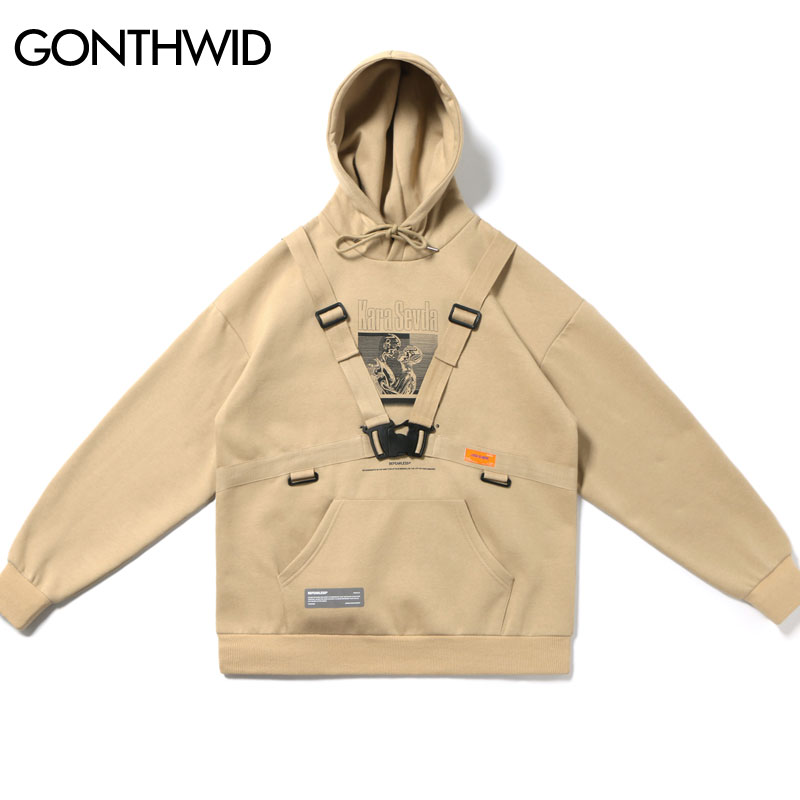 

GONTHWID Blind Love Print Buckle Ribbons Fleece Hooded Sweatshirts Pullover Hoodies Streetwear Hip Hop Hipster Casual Tops Mens, Khaki