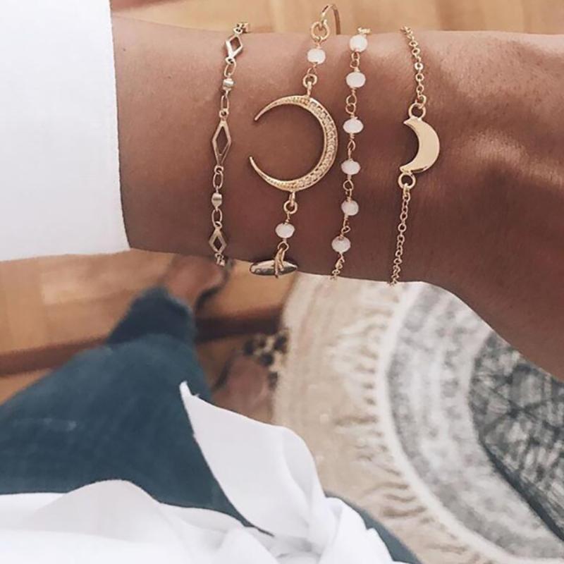 

Gold color Bohemian Handmade 4 layers Moon Beads Bracelet Sets Women 2020 New Rope Chain Bracelets Retro Jewelry Accessories