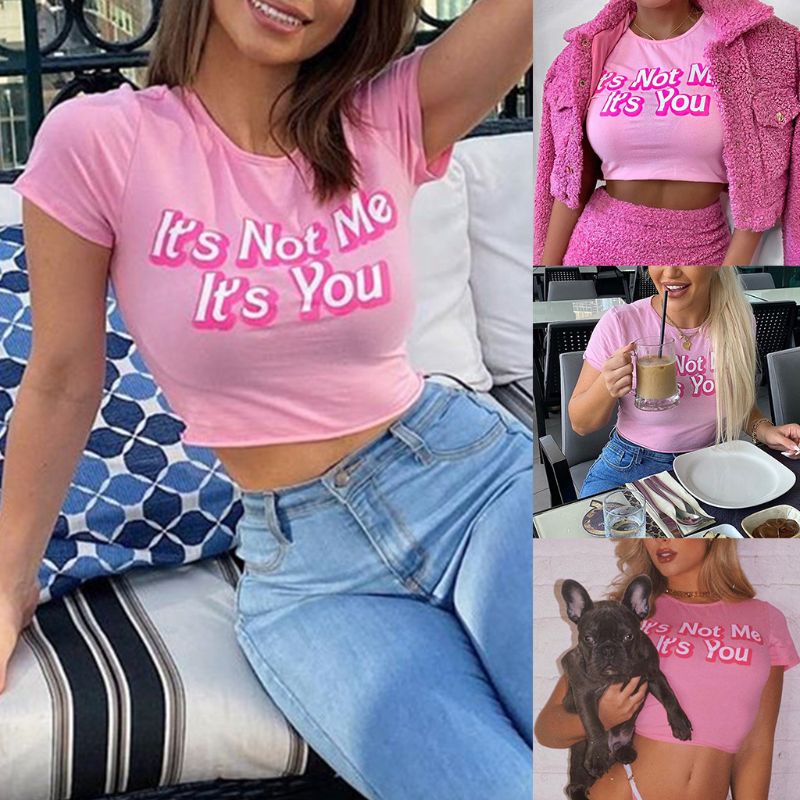 

Women Summer Short Sleeve Navel T-Shirt Its Not Me Its You Letters Printed Pink Crop Top Kawaii Harajuku Slim Streetwear, As pic