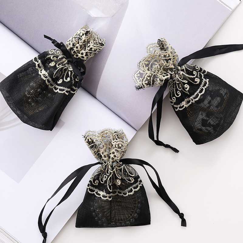 

12pcs Packaging Drawstring Pouch Small Gift Bags Black Gold Lace Trim Makeup Cosmetic Jewelry Organizer Container Handmade 10*14