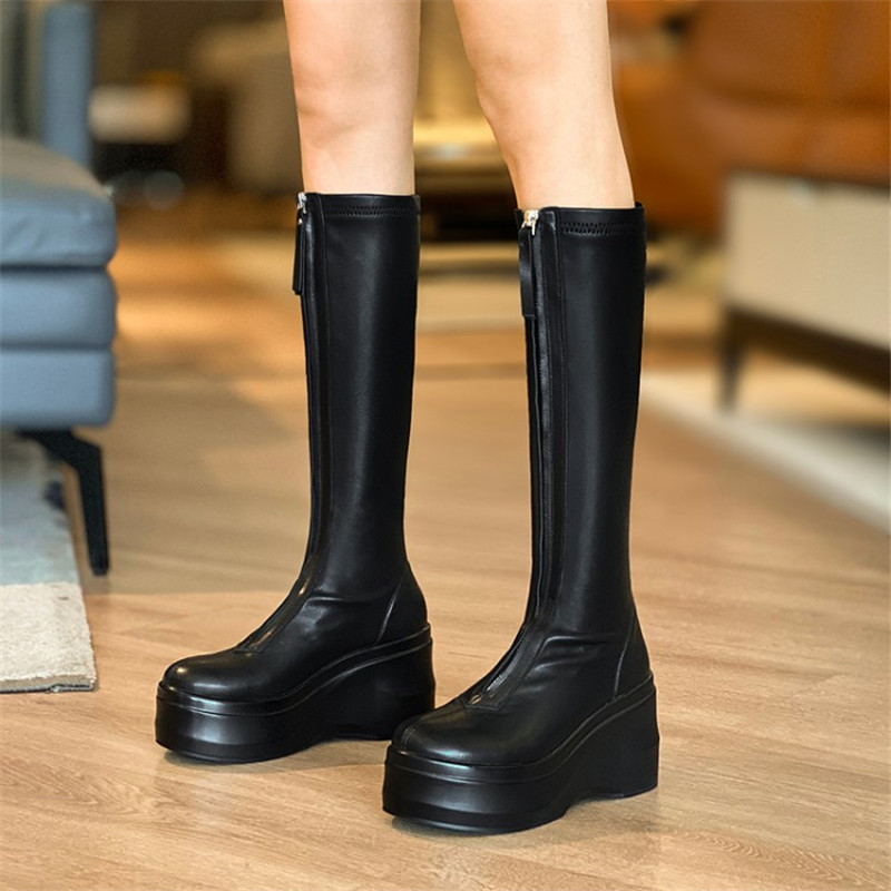 

PXELENA Vintage Front Zip Wedge High Heels Platform Knee High Boots Women Genuine Leather Punk Gothic Boots Autumn Winter Shoes, Black autumn