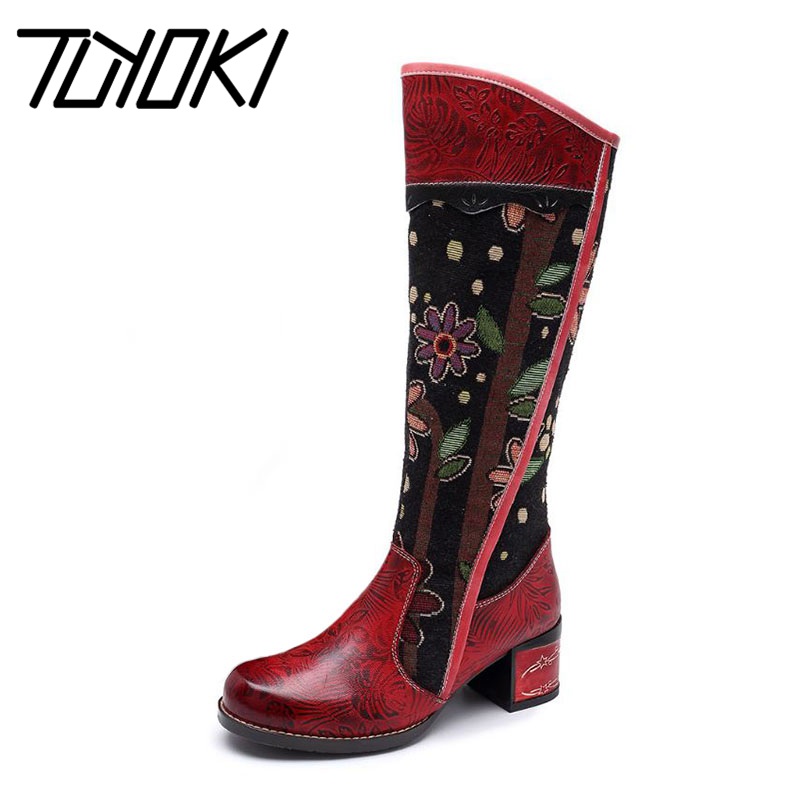 

Tuyoki Vintage Patchwork Western Cowboy Boots Bohemian Print Genuine Leather Woman Knee High Boots Long Botas Size 36-42, Red