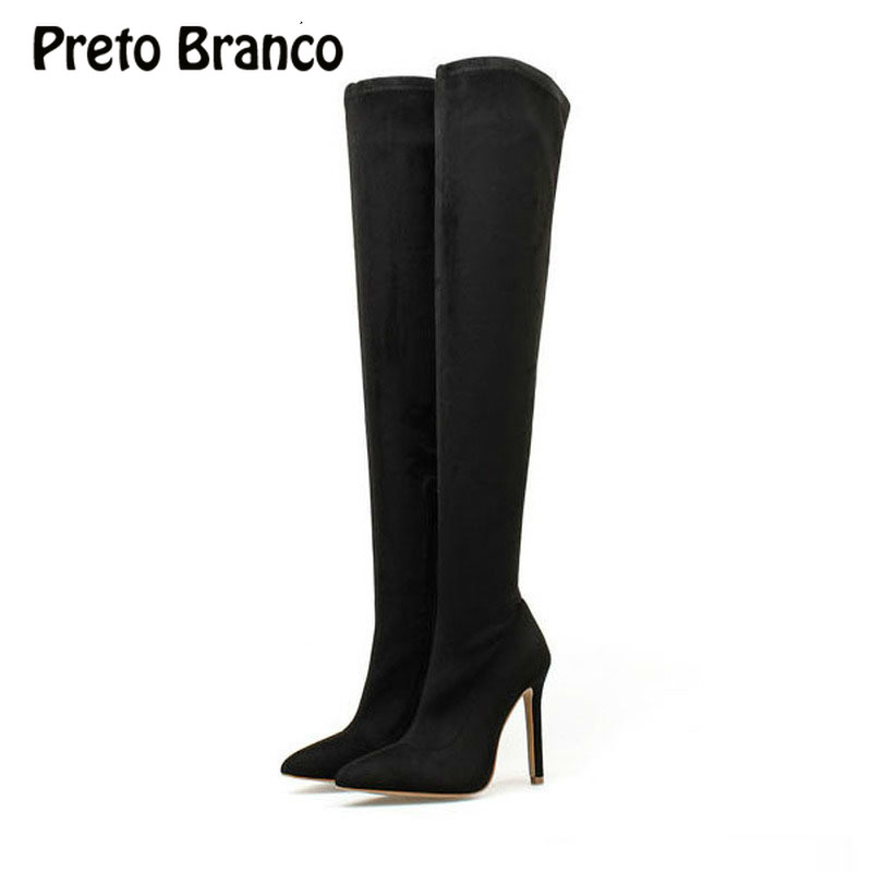 

PRETO BRANCO 2020 Women Fashion Platform Thick Heel Boot Slim Heel Pointed Over Knee Zipper Boots Over Shoes Women -666-5, Black