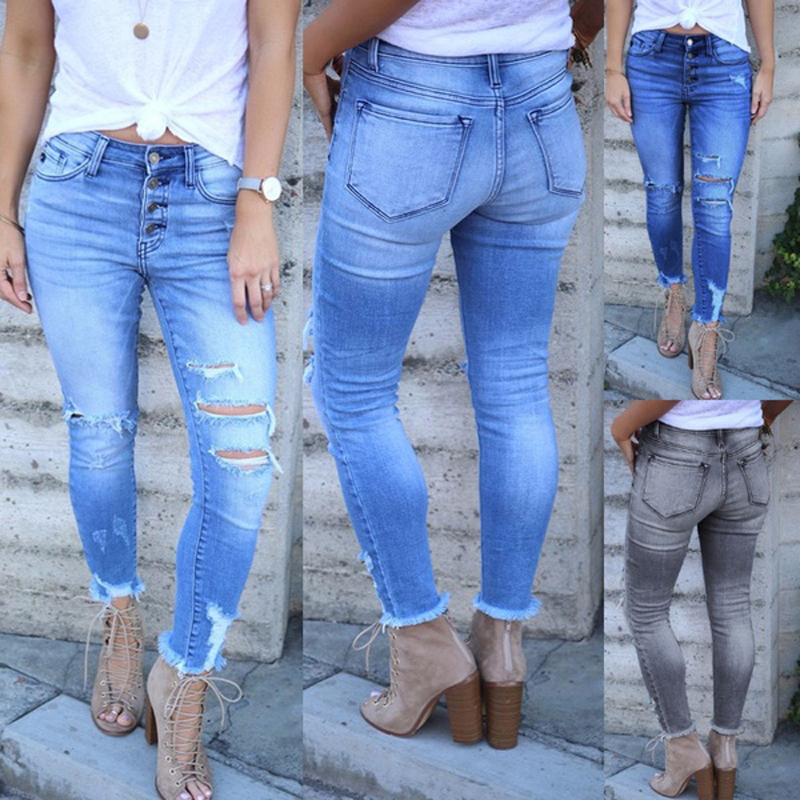 

Women Fashion Ripped Hole Denim Jeans Slim Stretch Skinny Jeans Ladies Button Pencil Pants, Gray
