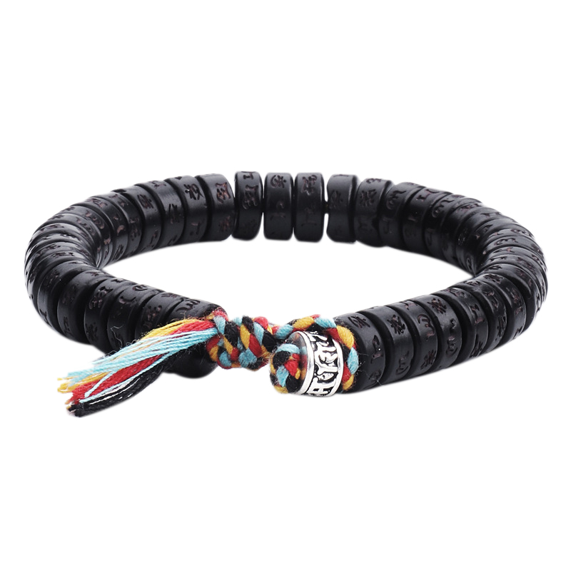 

Tibetan Buddhist Hand Braided Cotton Thread Lucky Knots Bracelet Natural Coconut Shell Beads Carved Bangle