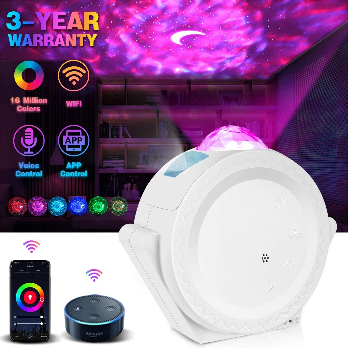 

WIFI Star Night Light Galaxy Projector Works with Alexa Google Home 16M Color Starry Smart Star Projector Light with APP Voice Control
