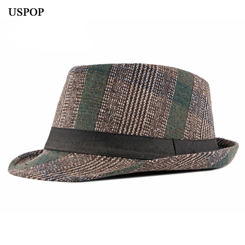 

USPOP 2020 Men hats caps New British vintage jazz hat plaid fedoras for male winter fashion wool hats, Black