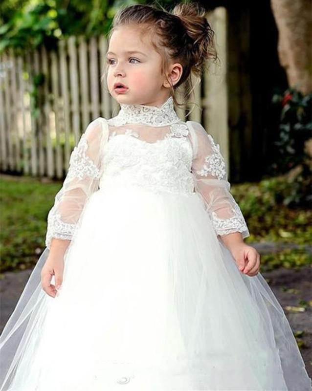 

white flower girl dresses Lace Appliques High Neck Illusion Long Sleeve Tulle Ball Gown Buttons Back Sweep Train Princess Style, Beige
