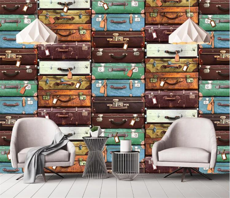 

Custom Size European Suitcase Wall Painting 3D Wallpaper Living Room Sofa TV Background Wall Home Decor Mural 3D Papel De Pared, Silk cloth
