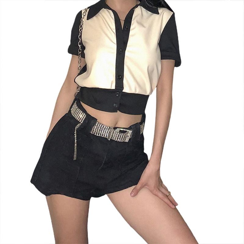 

Summer Girls Short Sleeve Top, Ladies Fashionable Double Color Splicing Lapel T-shirt Casual Base Shirt for Shopping Travel, Beige