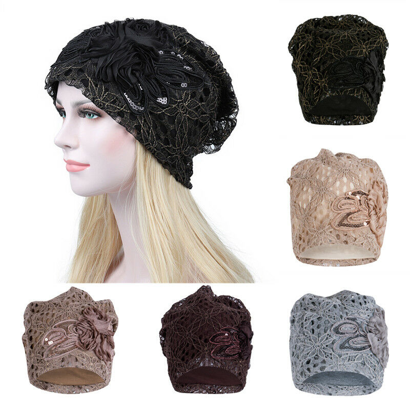 

Wide Brim Hats Women Elegant Floral Lace Baggy Hat Warm Cap Chemo Bandana Beanie Turban Head Wrap Band Winter Accessories