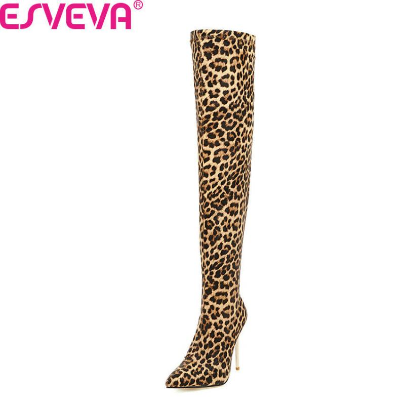 

ESVEVA 2020 New Autumn Winter Stretch Fabrics Thin Heel Women Shoes Fashion Pointed Toe Slip on Over The Knee Boots Size 34-43, Black