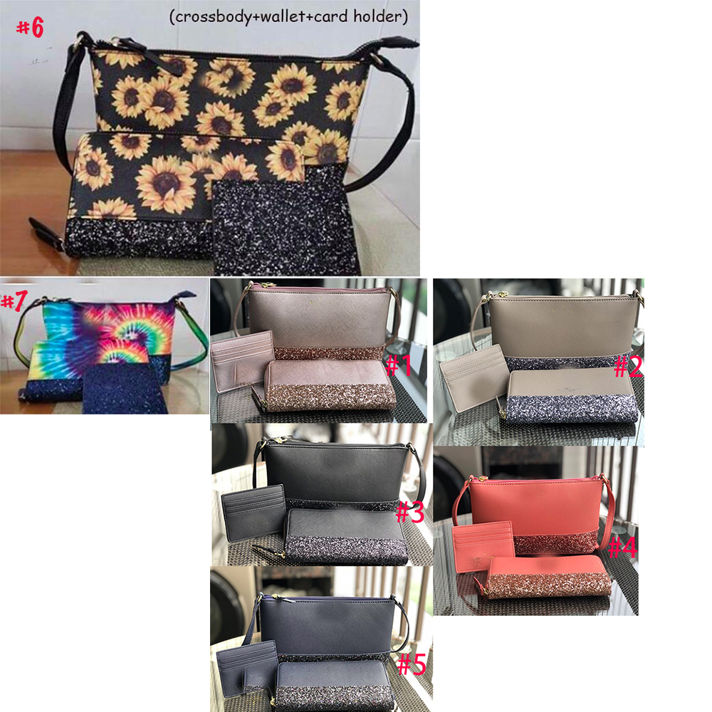 

Women sunflower print leather crossbody shoulder bag Tie dye designer Handbag glitter sunflower card wallet vintage 3pc/set shoulder bag, Black;white