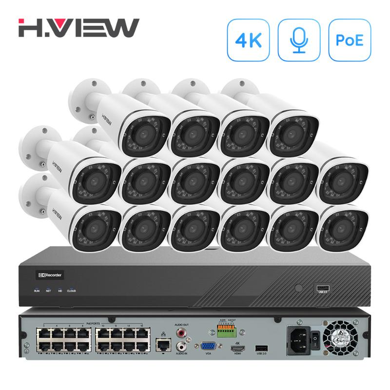 

H.View 16Ch 4K Ultra Hd Cctv Camera Security System 8Mp Video Surveillance Kit H.265 Outdoor Audio Record Poe Ip Camera Nvr Set