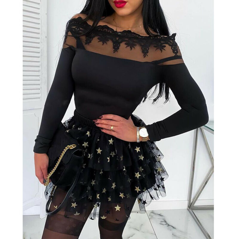 

Women' Sexy See Through Sheer Mesh Long Sleeve T-Shirt Tops Slim Fit Off Shoulder Tee T-shirts, Black