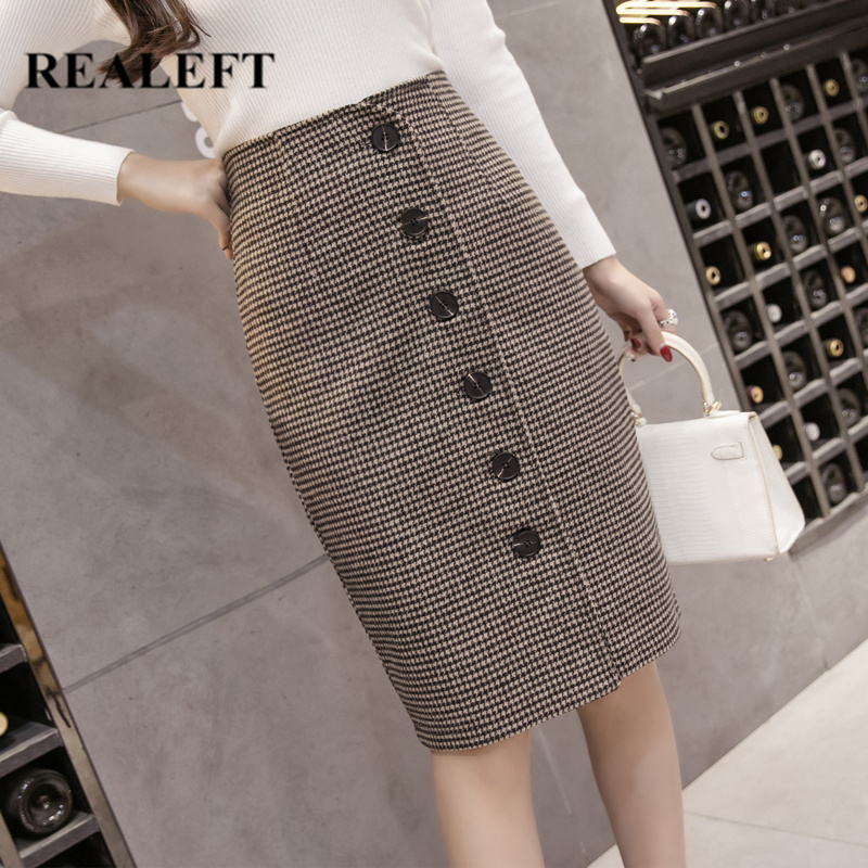 

REALEFT New 2020 Autumn Winter Chic Woolen Plaid Sheath Wrap Skirts Vintage Single-Breasted High Waist Pencil Midi Skirts Female, Gray