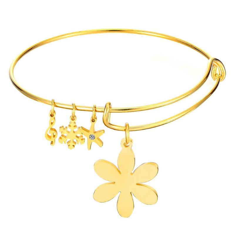 

LUXUKISSKIDS Bangle High Quality Women Girl Gold/Steel Flowers Pendants Stainless Steel Adjustable Bracelets Bangles Party