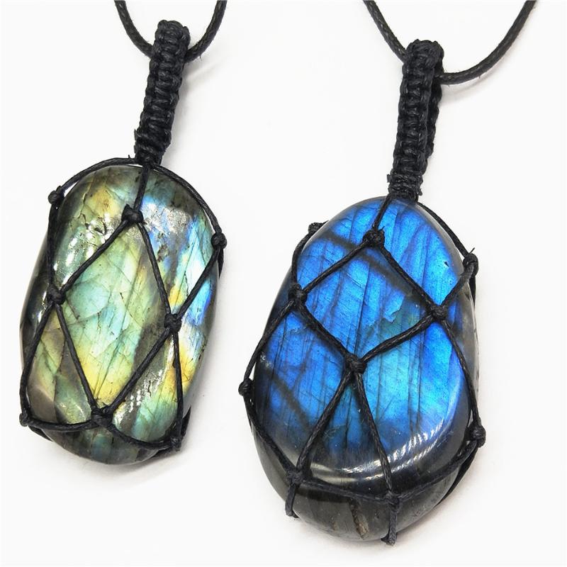 

Natural Moonstone Labradorite Pendant Necklace Handmade Woven Rope Necklace Moonlight Stones Jewelry For Women Adjustable Chain