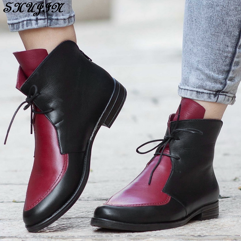

Shujin Ankle Boots Women Patchwork PU Leather Shoes Ladies Lace Up Buckle Shoes Thick Heel Short Casual Footwear Boots, Gray