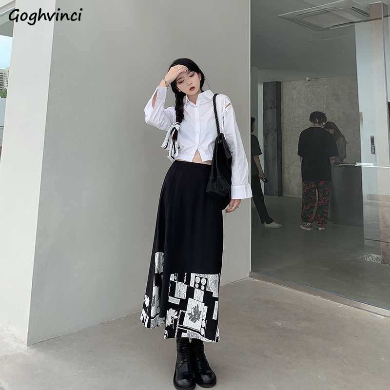 

Skirts Women Summer Patchwork Printed All-match Ankle Length Harajuku Streetwear Autumn High Waist Slim Irregular Womens Faldas, Black