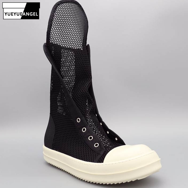 

High-Top Lace Up Luxury Sneaker Trainers Breathable Mesh Hollow Casual Sandals Brand Zip Flats Lovers Summer Shoes Plus Size, As pic